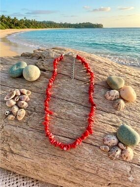 Vintage Coral Red Chip Bead Necklace with Silver Extender